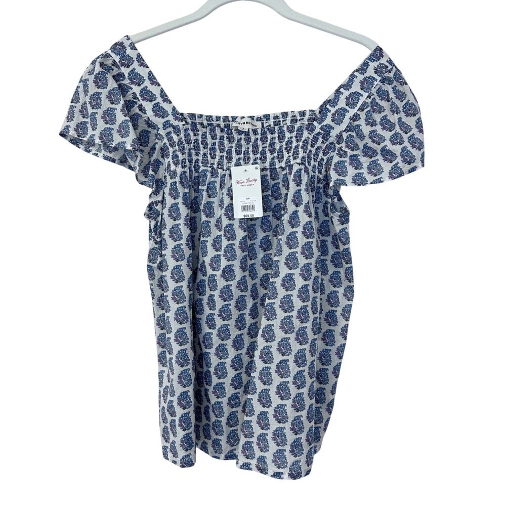 Lucky Brand Womens Smocked Square Neck Paisley Printed Peasant Top NWT Size S
